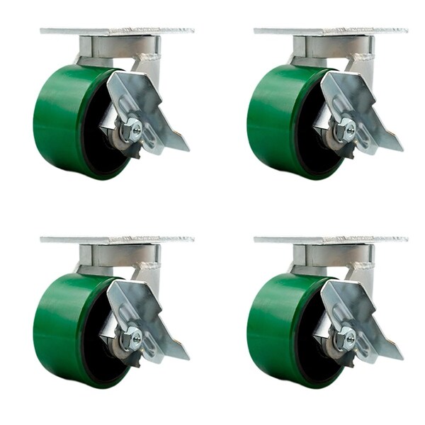 Service Caster 6'' Heavy Duty Green Poly on Cast Iron Caster Set 4 Brakes 2 Swivel Locks, 4PK CRAN-KP92S630-PUR-GB-SLB-BSL-2-SLB-2 - main